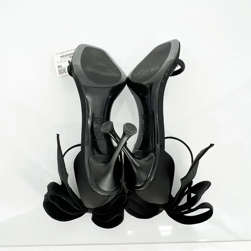 NWT ZARA Heeled Sandals with Maxi Bow Women's Size 6.5 Black Coquette - Picture 7 of 8